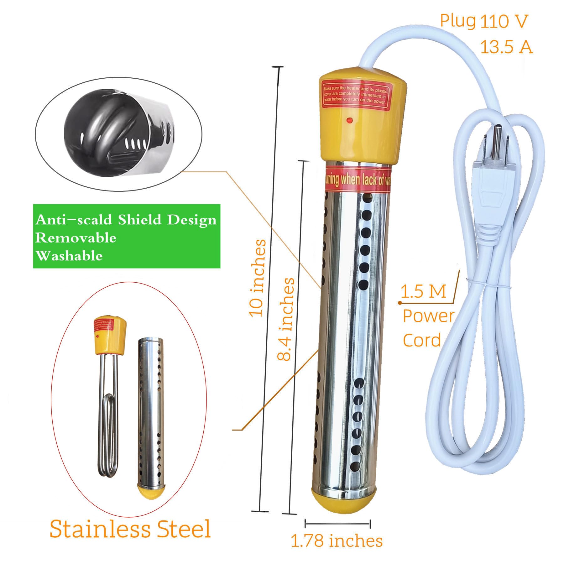 Portable Electric Immersion Water Heater - 304 Stainless Steel Submersible Warmer for Plastic Buckets, Bathtubs & Small Above Ground Pools - Fast Heating 5 Gallons of Water - Perfect for Camping, Travel & Emergency Hot Water Needs