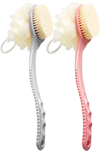 2 in 1 Back Body Brush & Shower Loofah Scrubber - Long Curved Handle Exfoliating Brush for Men & Women | Wet/Dry Skin Massage | Pack of 2 Multi Colors | Perfect for Bath, Spa & Self-Care Routine