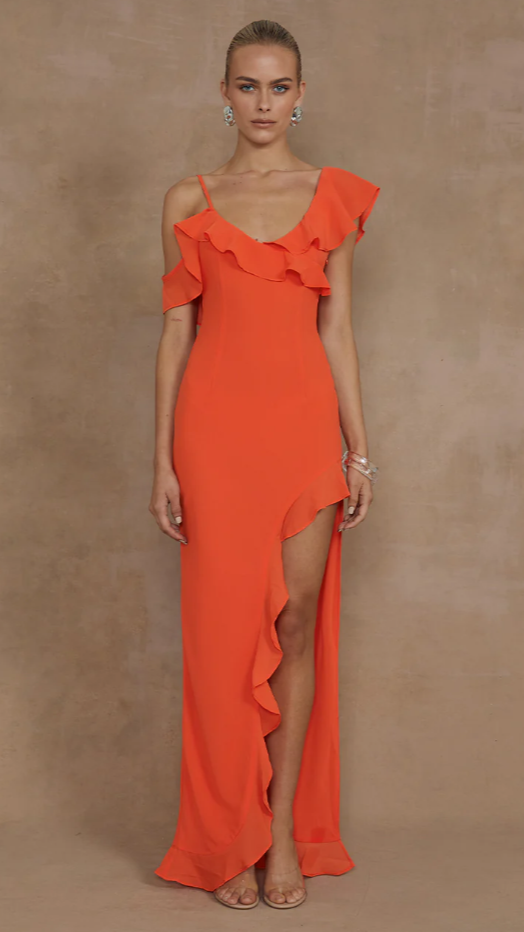 Dalia Maxi Dress for Women - Flowy Tangerine Orange Summer Dress with Pockets | Perfect for Beach, Vacation, and Casual Outings
