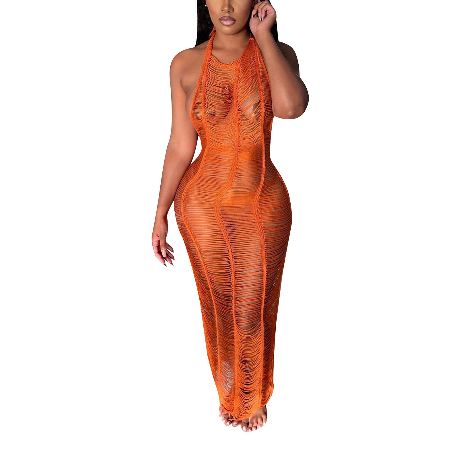 Sexy Crochet Halter Neck Maxi Cover Up Dress for Women - Breathable Knitted Hollow Out Beach Dress, Perfect for Summer Swimwear & Poolside Relaxation