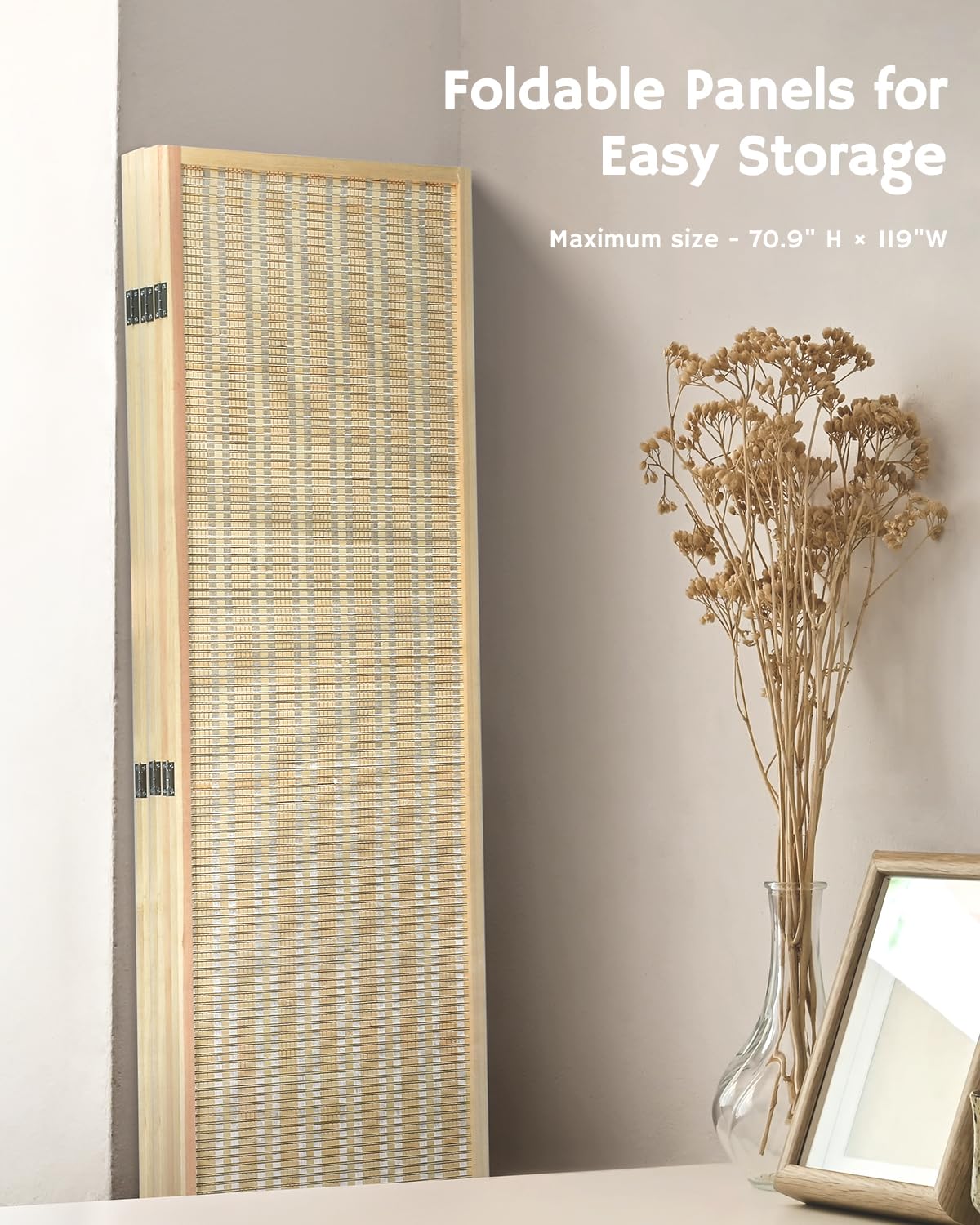 JOSTYLE 6-Panel Bamboo Room Divider - 6ft Tall Folding Privacy Screen for Home & Office | Freestanding Partition Wall for Room Separation, Space Division & Decoration | Perfect for Bedrooms, Living Rooms, Yoga Studios & Event Spaces (Beige)