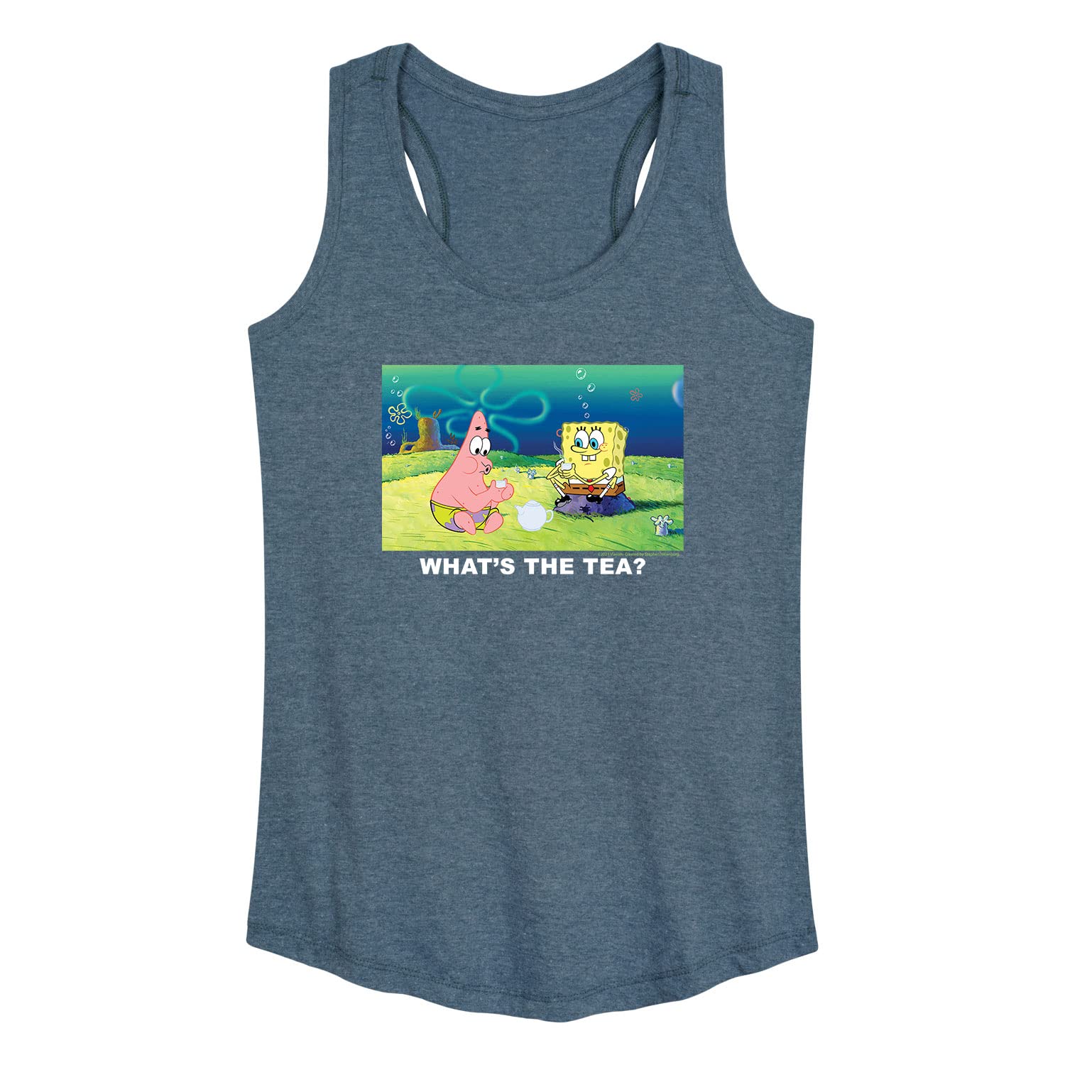 Spongebob Squarepants 'What's The Tea' Women's Racerback Tank Top - Funny Cartoon Graphic Tee for Summer, Gym & Casual Wear | HYBRID APPAREL