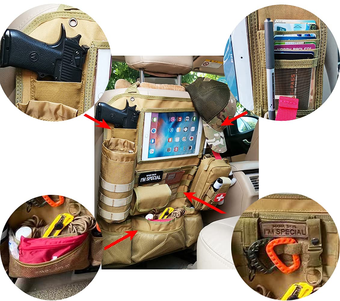 Upgrade Tactical MOLLE Car Back Seat Organizer - 14 Multi-Pockets & 4 Detachable Pouches for Trucker Hat, Medical Kit, Water Bottle & EDC Gear - Durable Vehicle Storage Solution for Camping, Road Trips & Emergency Preparedness