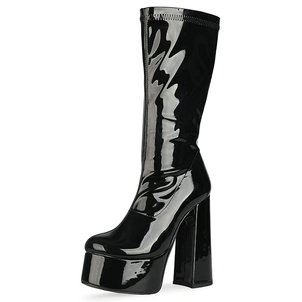 MeiLuSi Women's Platform Knee High Boots - Chunky Block Heel Go Go Boots for Women | Mid Calf Fashion Boots for Party, Night Out & Retro Style