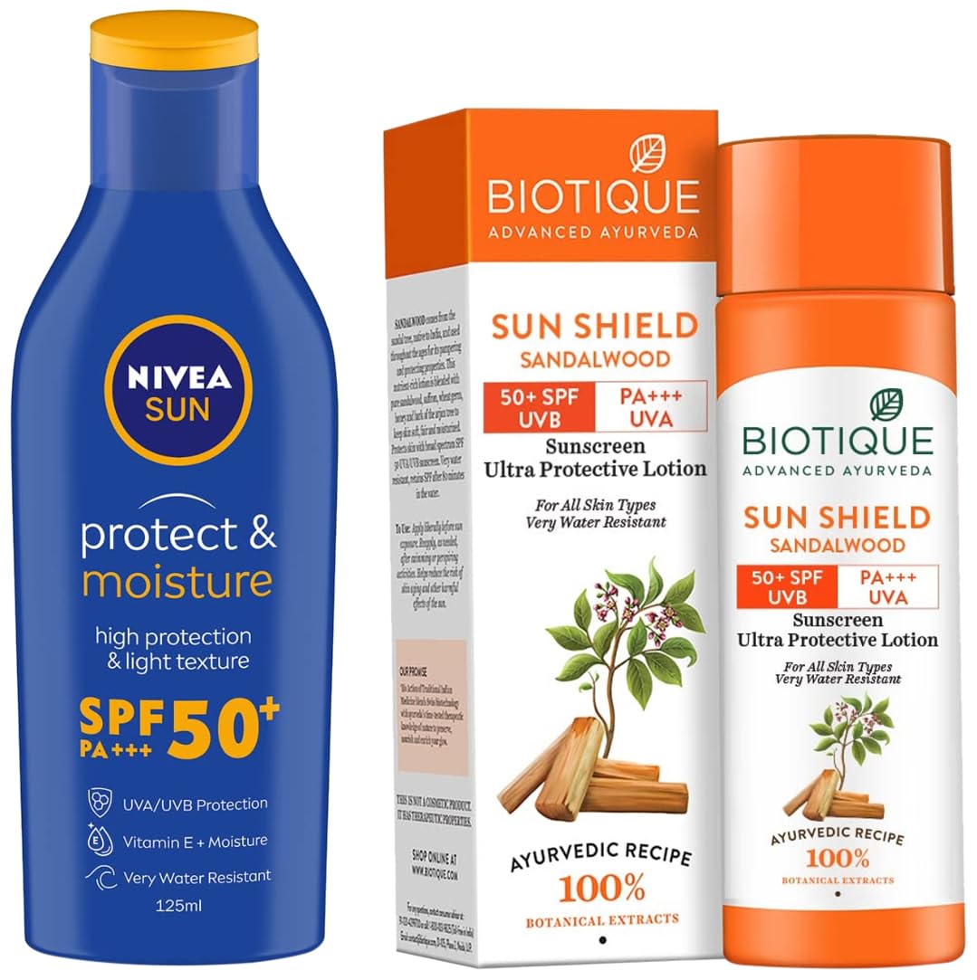 Nivea Sun Protect & Moisture SPF 50 Sunscreen Lotion 125ml + Bio Sandalwood Ultra Soothing SPF 50+ Face Lotion 120ml for Oily & All Skin Types | Daily Sun Protection for Beach, Outdoor & Travel Use