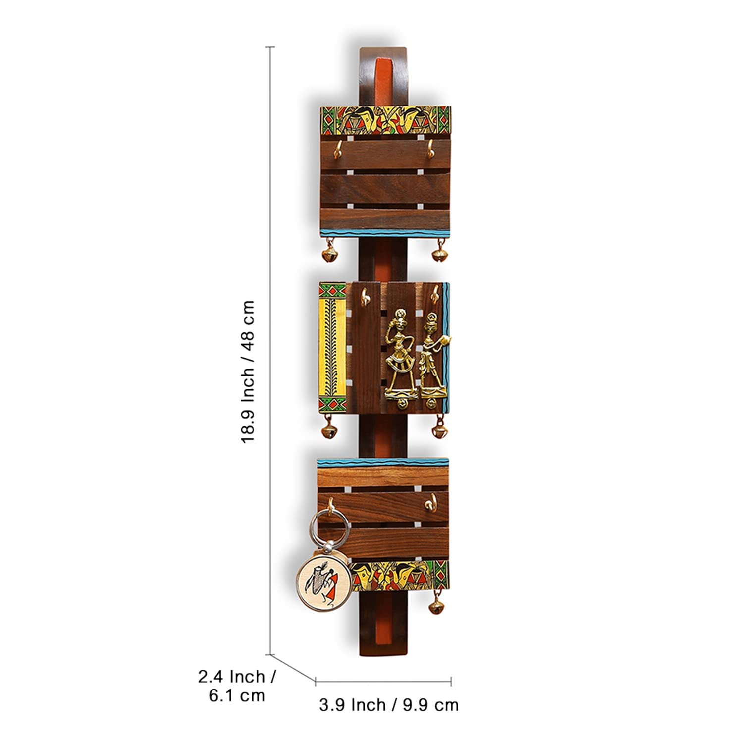 Handcrafted Madhubani Wooden Key Holder - 6 Hooks Wall Mount Key Hanger for Home Décor (Teak & Sheesham Wood) | Unique Indian Folk Art Key Organizer for Entryway, Living Room & Office - Perfect Housewarming Gift