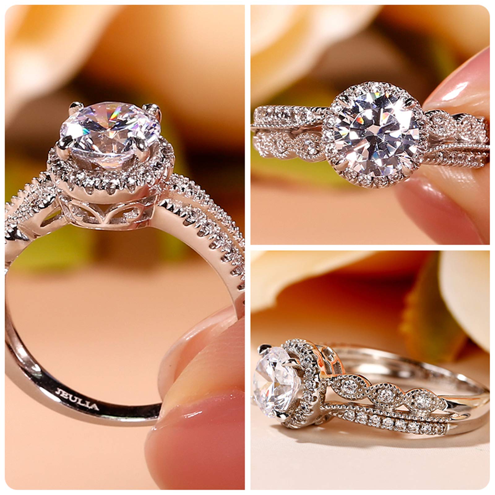 Jeulia JEWE0156 Beaded Halo Round Cut Sterling Silver Ring for Women - Elegant Engagement, Wedding, Anniversary or Birthday Gift for Wife, Girlfriend (Includes Jewelry Box) | Perfect for Proposals, Romantic Occasions & Special Celebrations