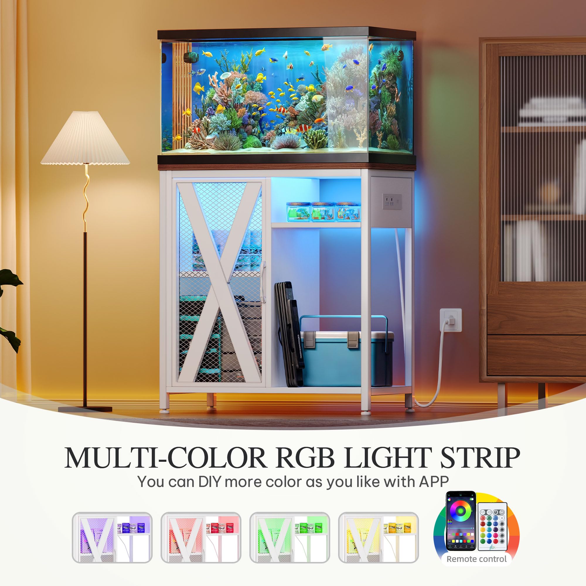 YITAHOME 20-29 Gallon Metal Aquarium Stand with Power Outlets & LED Light - White Fish Tank Cabinet with Storage for Accessories, Turtle Tank & Reptile Terrarium (350LBS Capacity) - Perfect for Living Room, Bedroom or Office Decor