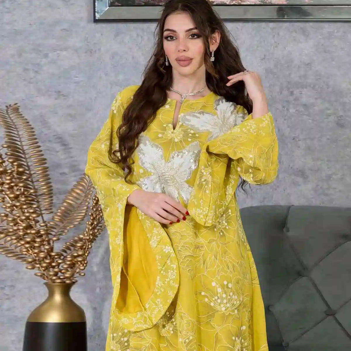 Elegant Embroidered Sequins Eid Caftan Dress for Women - Perfect for Eid Celebrations, Weddings & Special Occasions