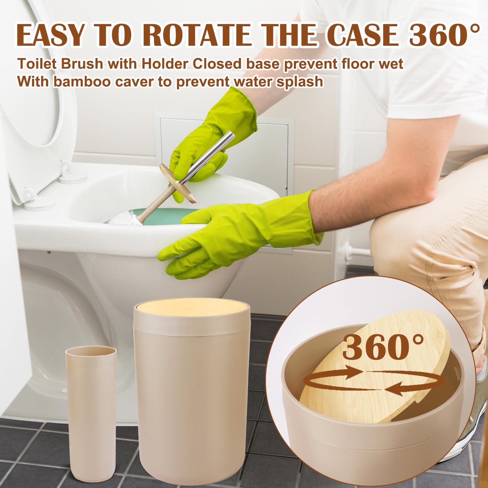 iMucci 9-Piece Bathroom Accessories Set - Wooden Lid Trash Can, Toothbrush Holder, Soap Dispenser, Tumbler Cup & Lotion Bottle (Beige) | Modern Vanity Organizer for Bathroom Countertop Decor