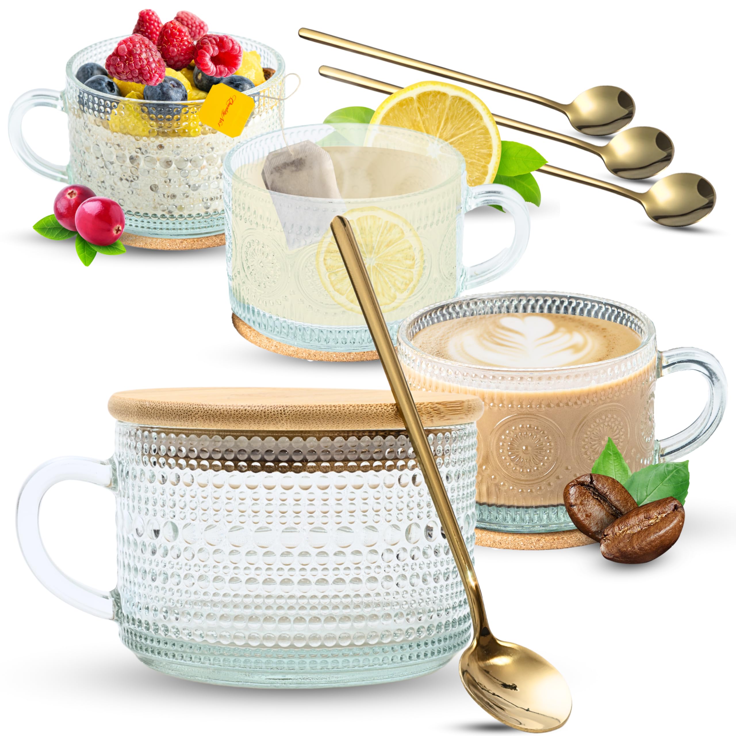 Vintage Glass Coffee Mugs Set of 4 (14oz) with Lids & Spoons - Clear Embossed Glass Cups for Overnight Oats, Coffee, Tea | Perfect for Coffee Bar Accessories, Women's Gifts, White Elephant Gifts | Ideal for Home, Office, Breakfast & Gifting