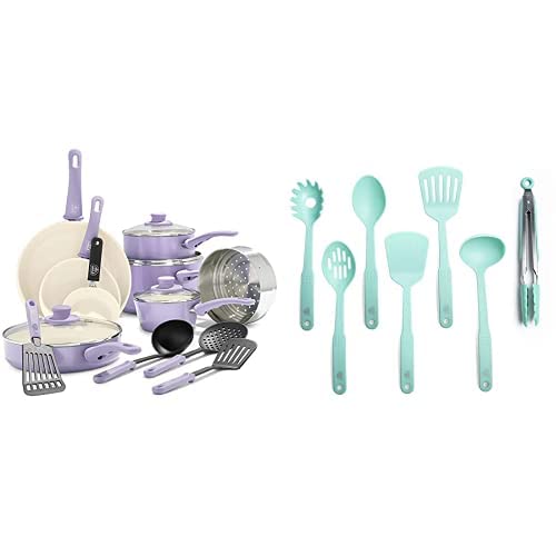 GreenLife Soft Grip Healthy Ceramic Nonstick Cookware Set - 16 Piece Pots and Pans with 7-Piece Nylon Utensils in Lavender & Turquoise - Perfect for Healthy Cooking, Baking and Family Meals