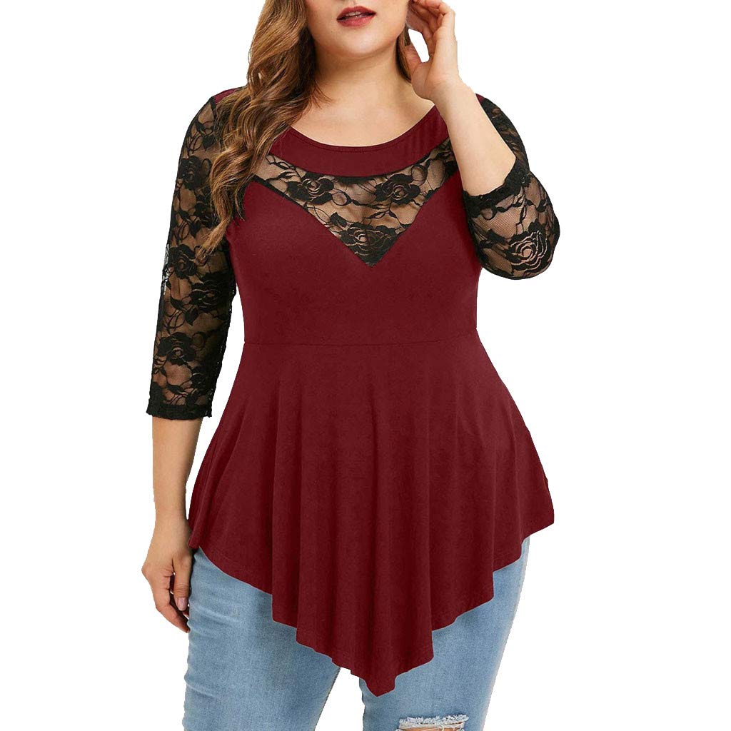 iQKA Plus Size Lace Tops for Women - Floral Lace O-Neck 3/4 Sleeve Asymmetrical High-Low Tunic Blouse | Casual Wear, Office Outfit & Special Occasion Fashion