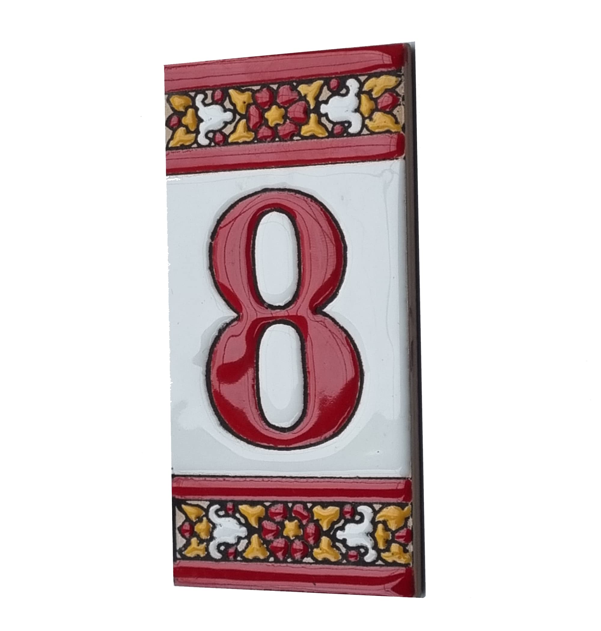 11 cm x 5.5 cm Spanish Red Floral Ceramic Number Tiles with Optional Metal Filigree Frames (8-Piece Set) - Perfect for House Address Signs, DIY Home Decor, and Wedding Table Numbers