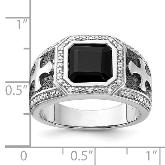 Men's Sterling Silver Diamond & Black Onyx Cross Ring - Elegant Religious Jewelry for Gifts, Weddings, and Everyday Wear