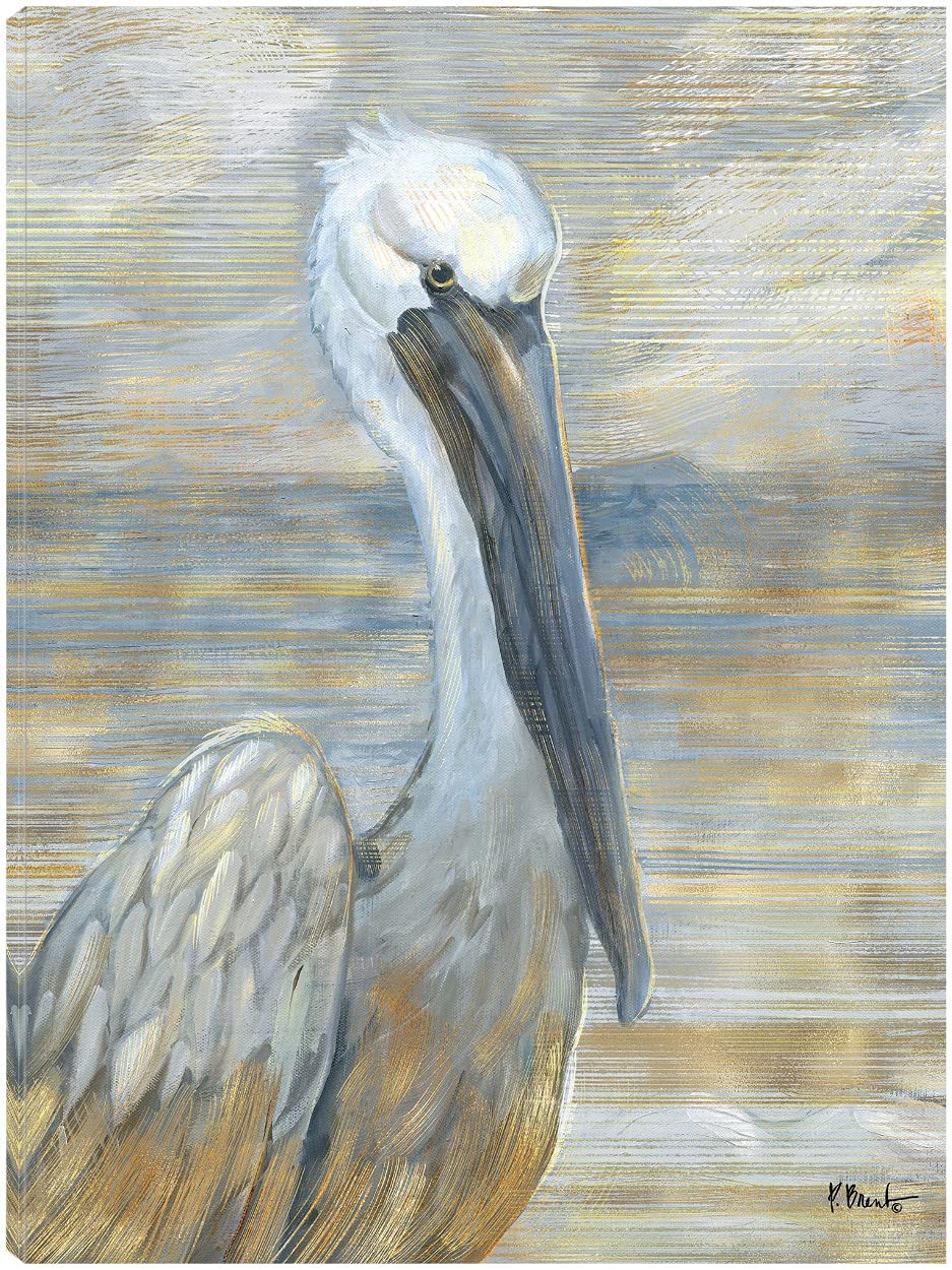 Golden Salty Pelican Canvas Wall Art by Paul Brent - Handmade Fine Art Print for Living Room, Bedroom, Office & More - 35x46 Inches - Ready to Hang - Coastal & Nautical Home Decor for Beach Houses, Restaurants & Vacation Rentals