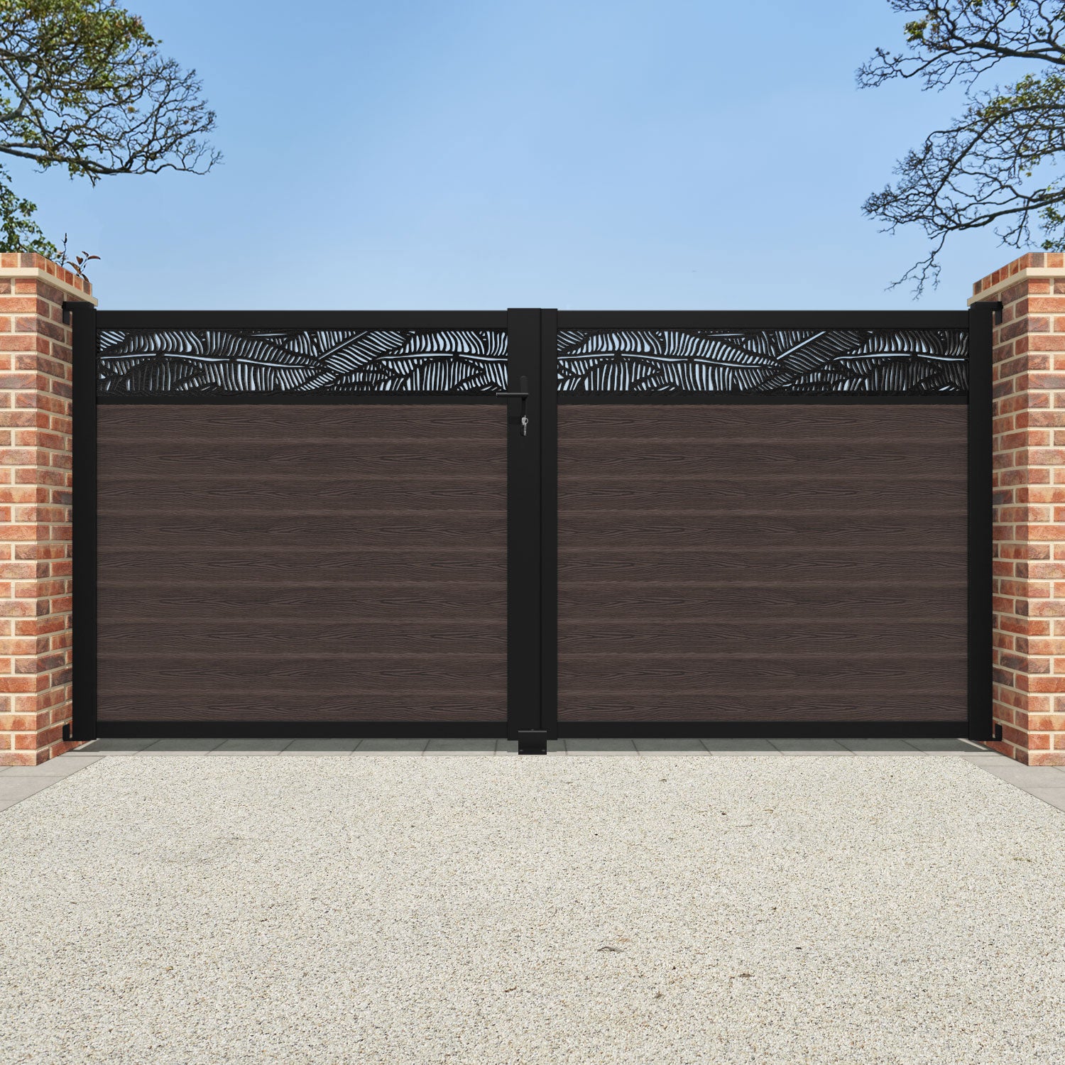Classic Feather Straight Top Driveway Gate - Mid Brown with Top Screen | Durable Iron Driveway Entrance Gate for Home Security & Privacy | Perfect for Residential Driveways, Gardens, and Estate Entrances