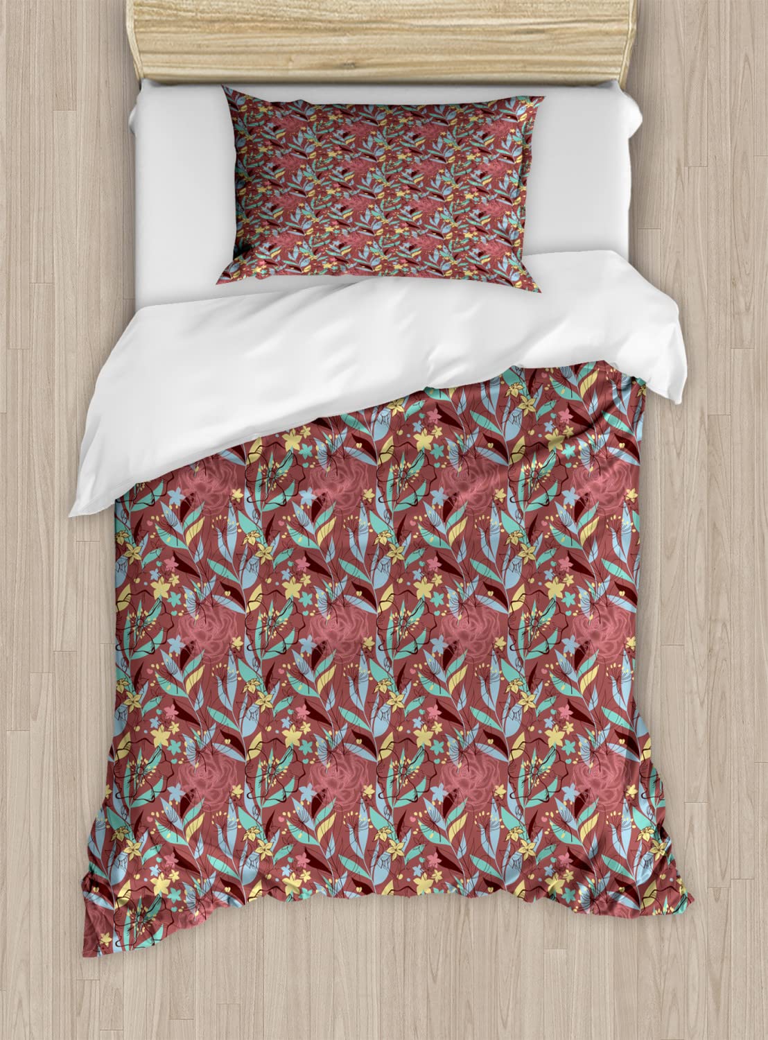 Ambesonne Floral Duvet Cover Set - Colorful Gardening Bedding with Botanical Foliage Pattern, Nature Inspired Art (2-Pack Twin Size, Includes 2 Duvet Covers & 2 Pillowcases) - Perfect for Spring Bedroom Decor, Guest Room Makeover & Nature-Themed Home Styling