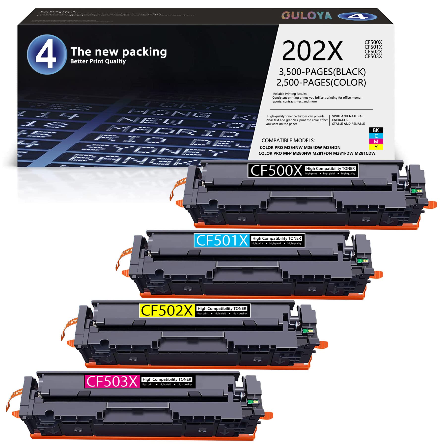 GULOYA 4-Pack Compatible Toner Cartridge Replacement for HP 202X CF500X CF501X CF502X CF503X - Works with HP Color Pro M254nw M254dw M254dn & MFP M280nw M281fdn M281fdw Printers (1BK+1C+1M+1Y) - Perfect for Home Office & Small Business Printing Needs