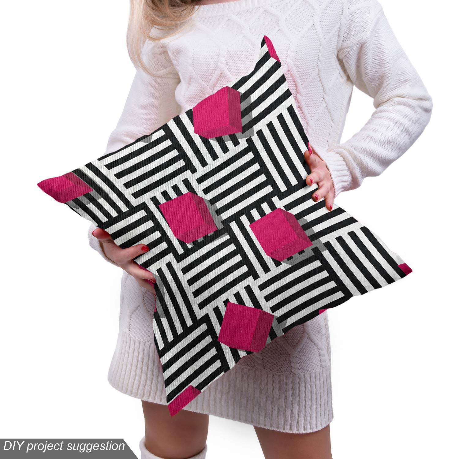 Ambesonne Abstract Geometric Minimalist Lines & Square Cubes Print Fabric by The Yard - 10 Yards Magenta Black & White - Upholstery, Curtains, Pillows, Teen Room Decor & Home Accents