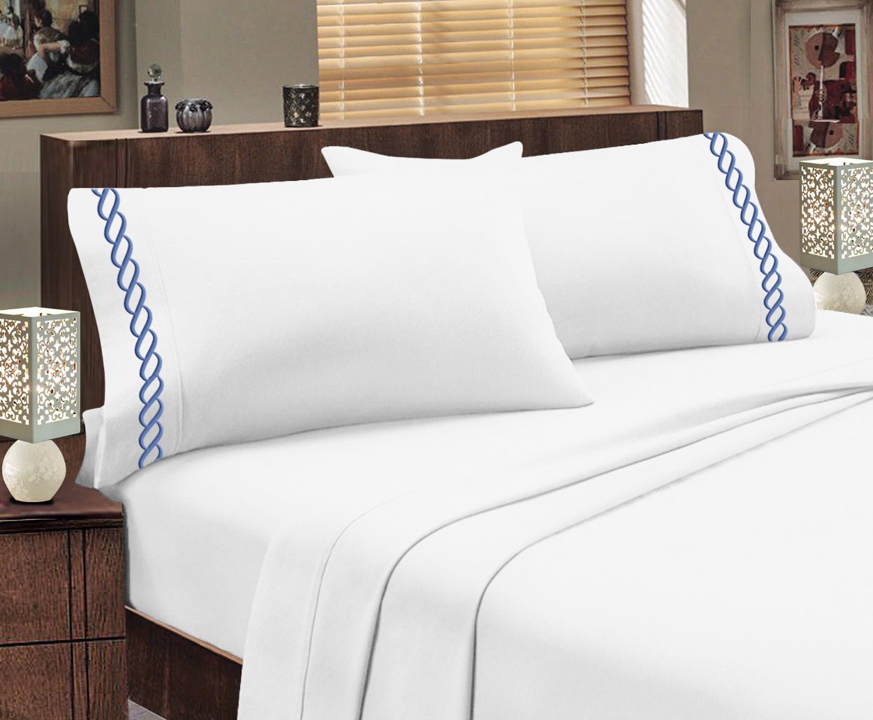 Premium Greek Design Ultra Soft Egyptian Cotton Embroidered Sheet Set - King Size, Sky Blue - Luxury Bedding for Master Bedrooms & Guest Rooms