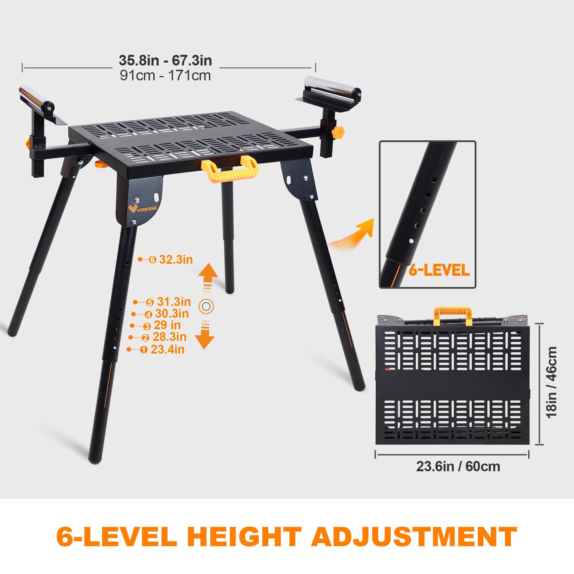 Universal Miter Saw Stand with Grid Tabletop - 300 lbs Load Capacity, 6-Level Height Adjustment, Heavy Duty Table Saw Stand WK-MS046 for Woodworking, Construction, and DIY Projects