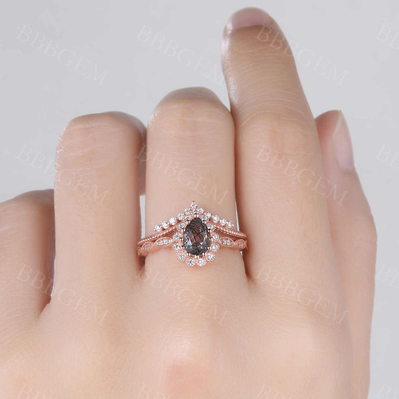 Pear Shaped Black Rutilated Engagement Ring - Rose Gold Diamond Wedding Band with Black Gemstone | Anniversary Gift for Her | Perfect for Proposals, Weddings & Special Occasions