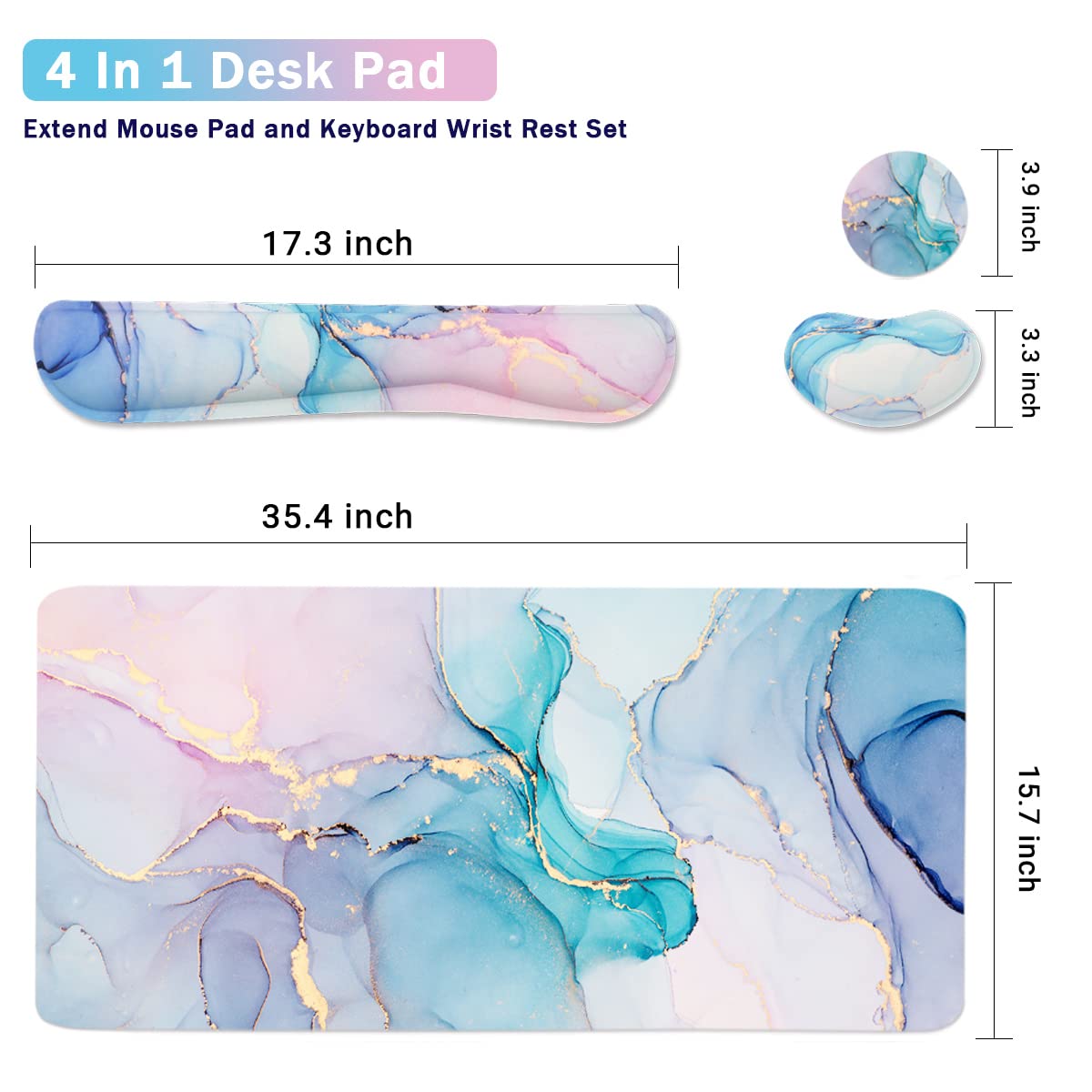 Ergonomic Large Mouse Pad with Keyboard Wrist Rest - 4-in-1 Extended Gaming Desk Mat for Computer, Office & Workstation - Non-Slip Blue Marble Design for Comfort & Pain Relief (Perfect for Gamers, Programmers & Office Workers)