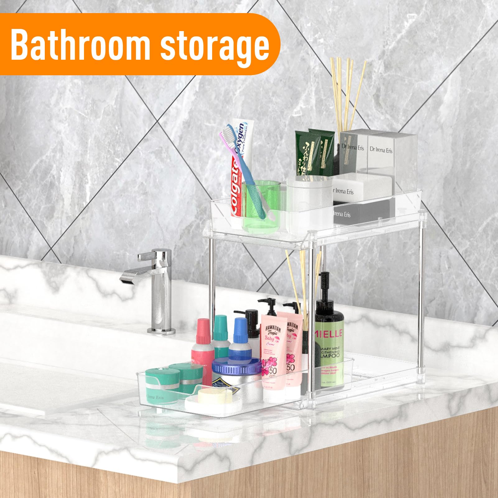 2 Pack Under Sink Organizer - 2 Tier Clear Bathroom Storage & Kitchen Drawer Organizer | Multi-Purpose Pull Out Shelves for Pantry, Medicine Cabinet & Makeup Storage (Large) | Perfect for Bathroom, Kitchen & Closet Organization