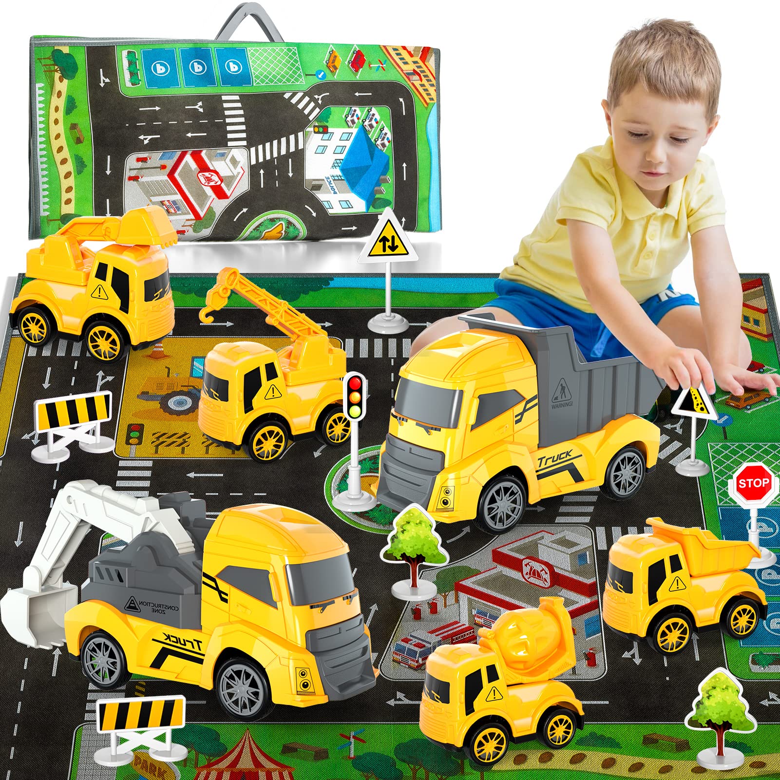 Construction Truck Toys for Toddlers - 12-Piece Vehicle Set with Play Mat & Storage Bag - Push & Go Cars for 1-5 Year Old Boys - Perfect Gift for Birthday & Christmas - Indoor & Outdoor Playtime Fun
