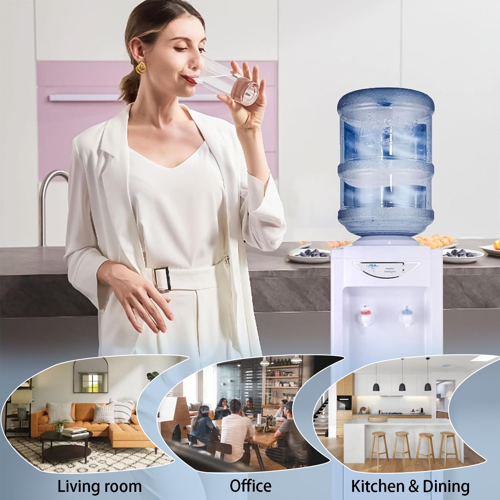 Best Top Loading Water Cooler Dispenser for 3/5 Gallon Bottles - Child Safety Lock & Storage Cabinet - Hot & Cold Water Dispenser for Home, Office, Kitchen - White - Perfect for Hydration Station in Schools, Gyms, and Waiting Rooms