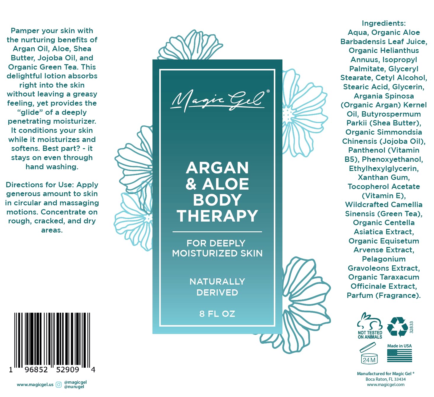 Magic Gel Argan & Aloe Body Therapy - Hydrating & Moisturizing Body Lotion Cream (8oz) for Dry Skin Care, After Shave, Post Workout & Daily Use