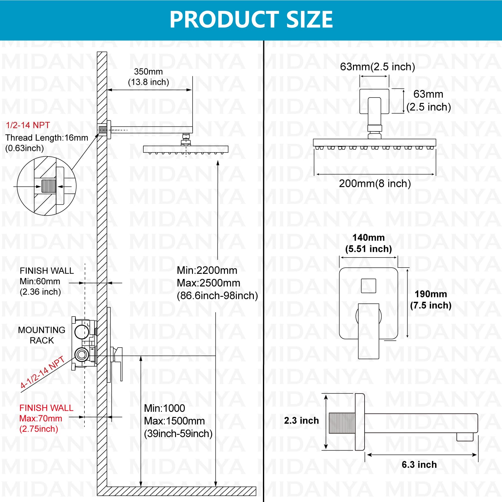 Premium Matte Black Tub and Shower Faucet Set - 8 Inch Wall Mounted Rain Shower System with High Pressure Shower Head, Tub Spout & Rough-in Mixer Valve - Perfect for Modern Bathroom Renovation and Spa-Like Shower Experience