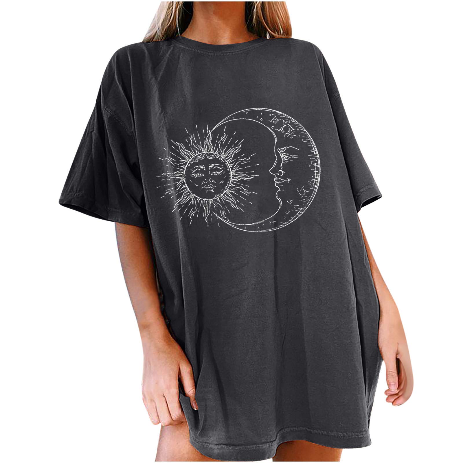 Women's Oversized Vintage T-Shirt - Retro Sun & Moon Print Loose Fit Short Sleeve Top for Casual Wear, Street Style & Summer Outfits