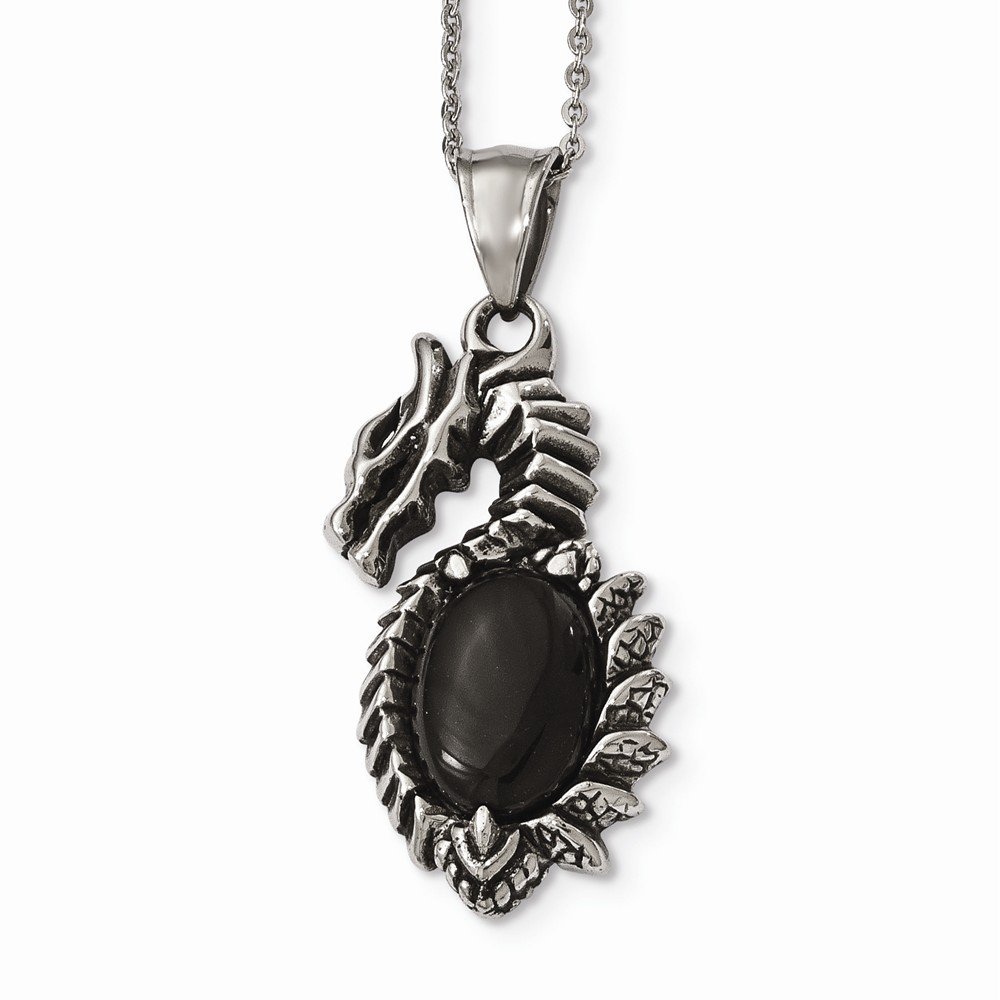 Antique Solid Stainless Steel Dragon Necklace with Black Glass Pendant - Gothic Jewelry for Women, Men - Perfect for Cosplay, Halloween, Gift Giving