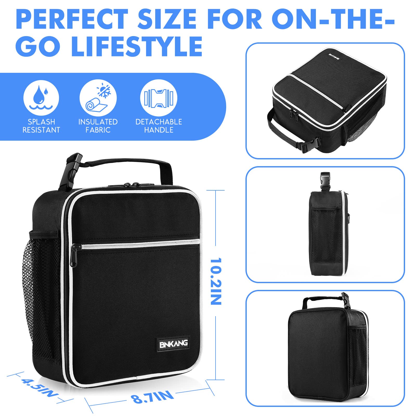 Insulated Lunch Box for Adults - Reusable & Durable Small Lunch Bag Tote for Men & Women, Black with White - Perfect for Work, School, Picnics & Outdoor Activities