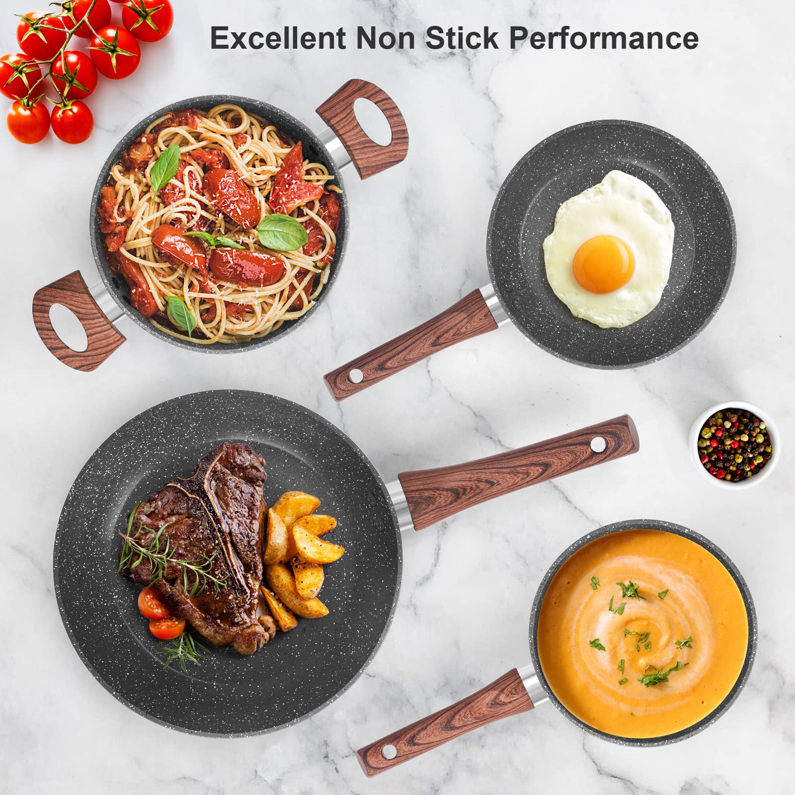 Premium 11-Piece Granite Nonstick Cookware Set - Frying Pan, Sauce Pan, Stockpot with Stay-Cool Handles - Gas & Induction Compatible, PFOA-Free - Perfect for Home Cooking, Professional Kitchens & Everyday Meal Prep