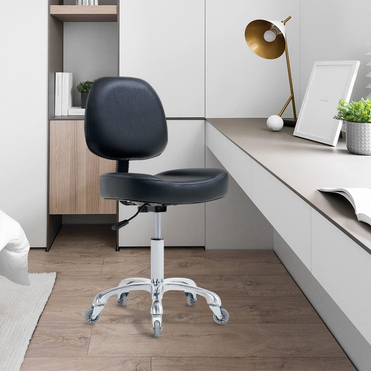 Ergonomic Vanity Rolling Chair with Wheels - Adjustable Stool for Esthetician, Office, Makeup, Bedroom & Classroom - Black | Perfect for Salon, Home & Workspace