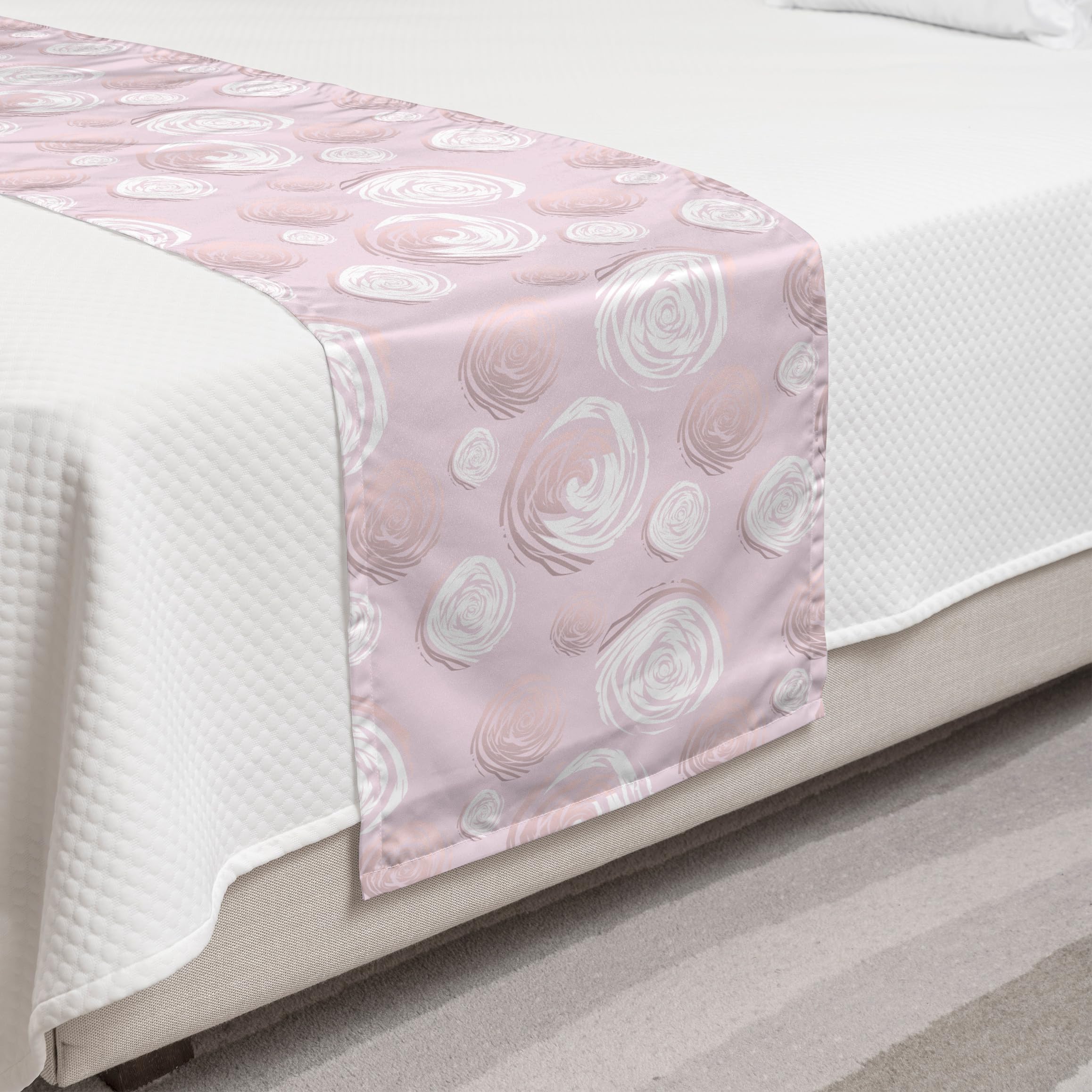 Ambesonne Romantic Floral Bed Runner - Vintage Abstract Rose Petals Design, Decorative Bed Scarf for Queen & King Beds - Pale Rose & White Accent Piece | Perfect for Hotels, Homes & Guestroom Decor
