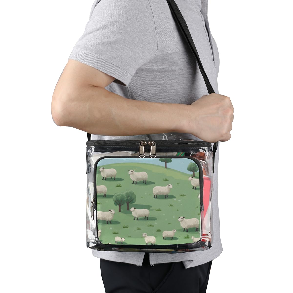 GzLeyigou Clear Tote Bag with Sheep Design - Transparent Crossbody Shoulder Bag for Lunch, Outdoor, Travel, Picnic, Concerts & Sports Events (Stadium Approved) - Perfect for Farm Visits, Countryside Outings and Animal-Themed Parties