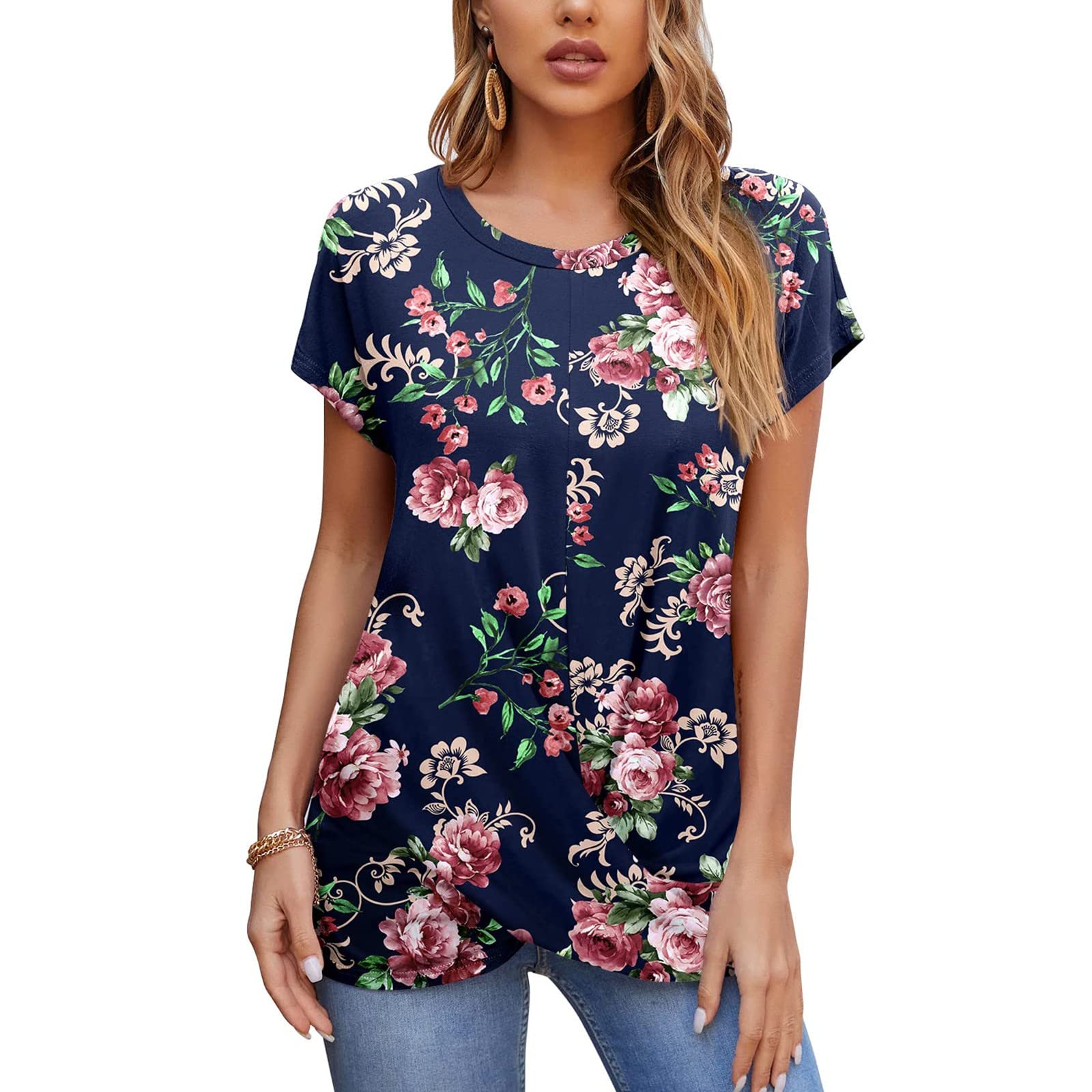 Women's Short Sleeve T-Shirts - Summer Casual Loose Tunic Top with Front Twist Detail, Basic Work Tee & Trendy Blouse for Ladies | Perfect for Office, Travel & Everyday Wear