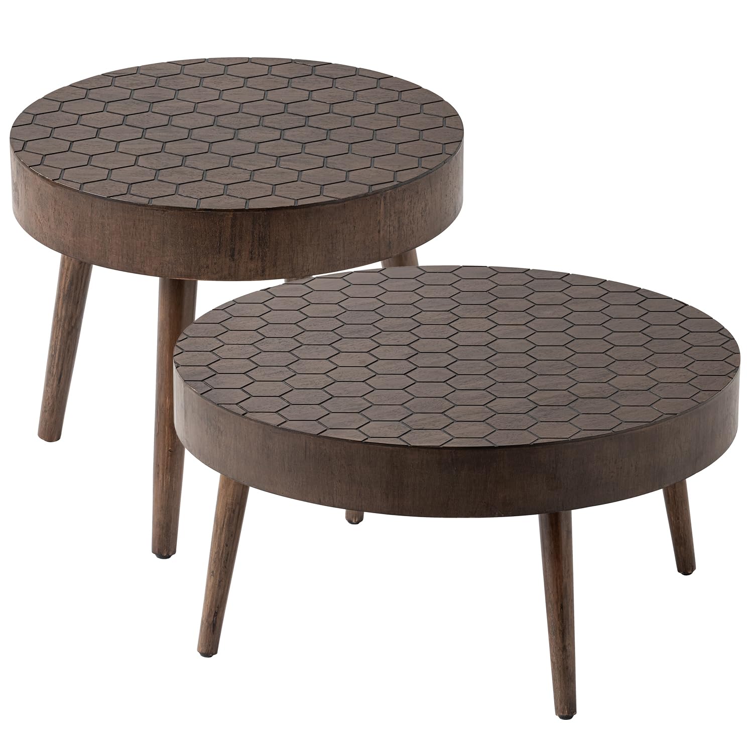 Round Coffee Table Set of 2 - Modern Farmhouse Nesting End Tables with Honeycomb Pattern, MDF Side Tables for Living Room, Bedroom, Office & Balcony - Perfect for Small Spaces, Coffee Serving & Home Decor