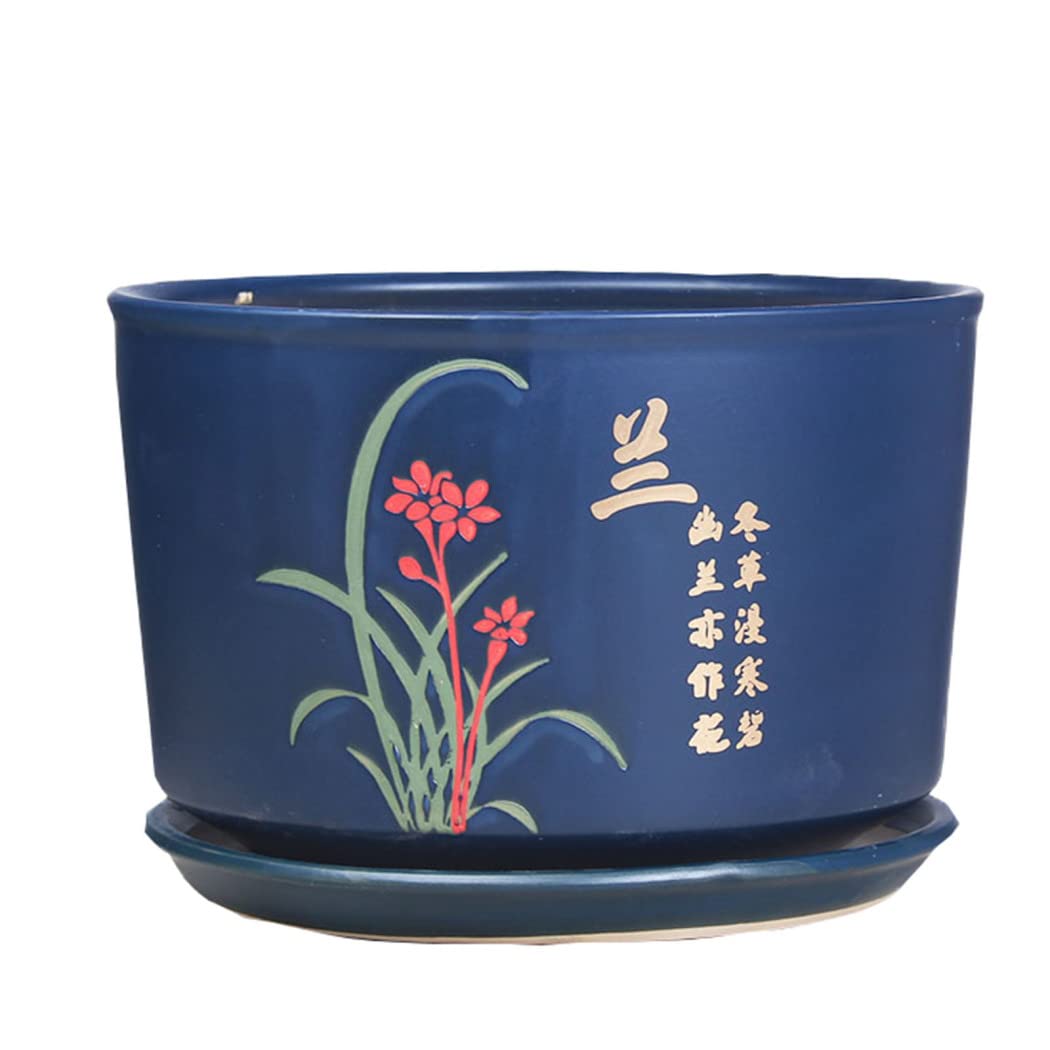 QAZXIWZ Ceramic Bonsai Flower Pot with Coasters - 25cm Round Hydroponic Planter for Lilies, Water Lily | Indoor/Outdoor Garden Decor, Terrace & Pond Planting