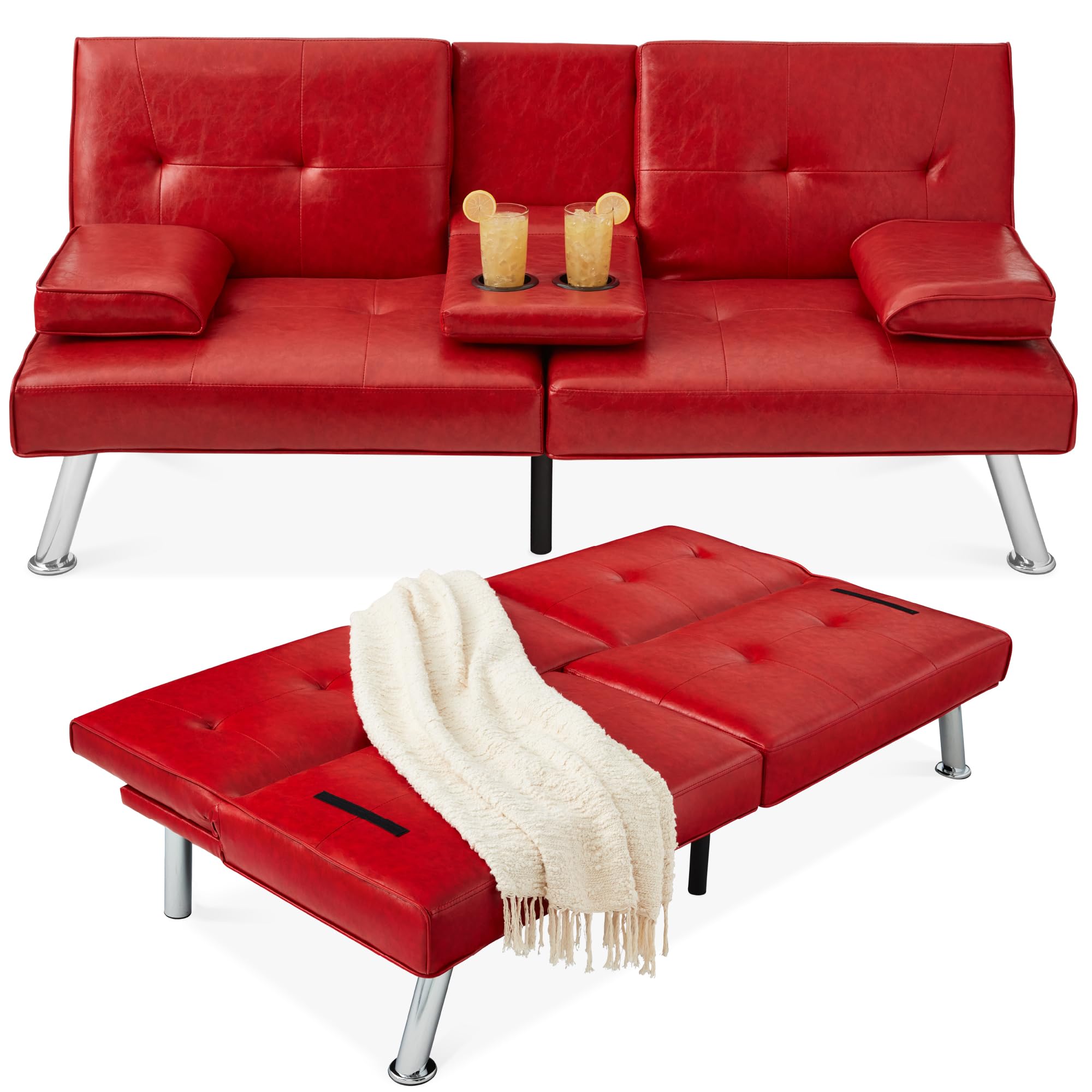 Best Choice Products Faux Leather Convertible Futon Sofa Bed - Adjustable Folding Guest Bed with Removable Armrests, Modern Upholstered Design in Red - Perfect for Small Spaces, Apartments & Home Offices