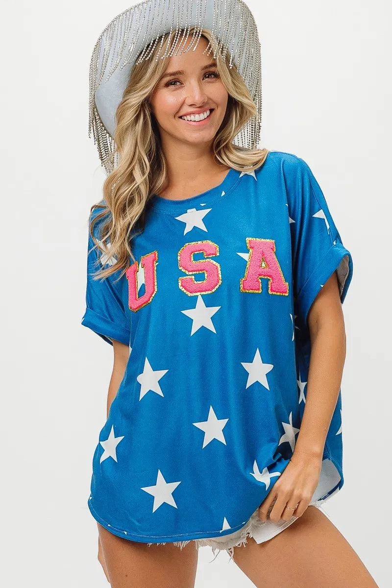 BiBi Fourth Of July Patriotic Star Knit T-Shirt - American Flag Themed Casual Top for Independence Day Celebrations & Summer Outfits