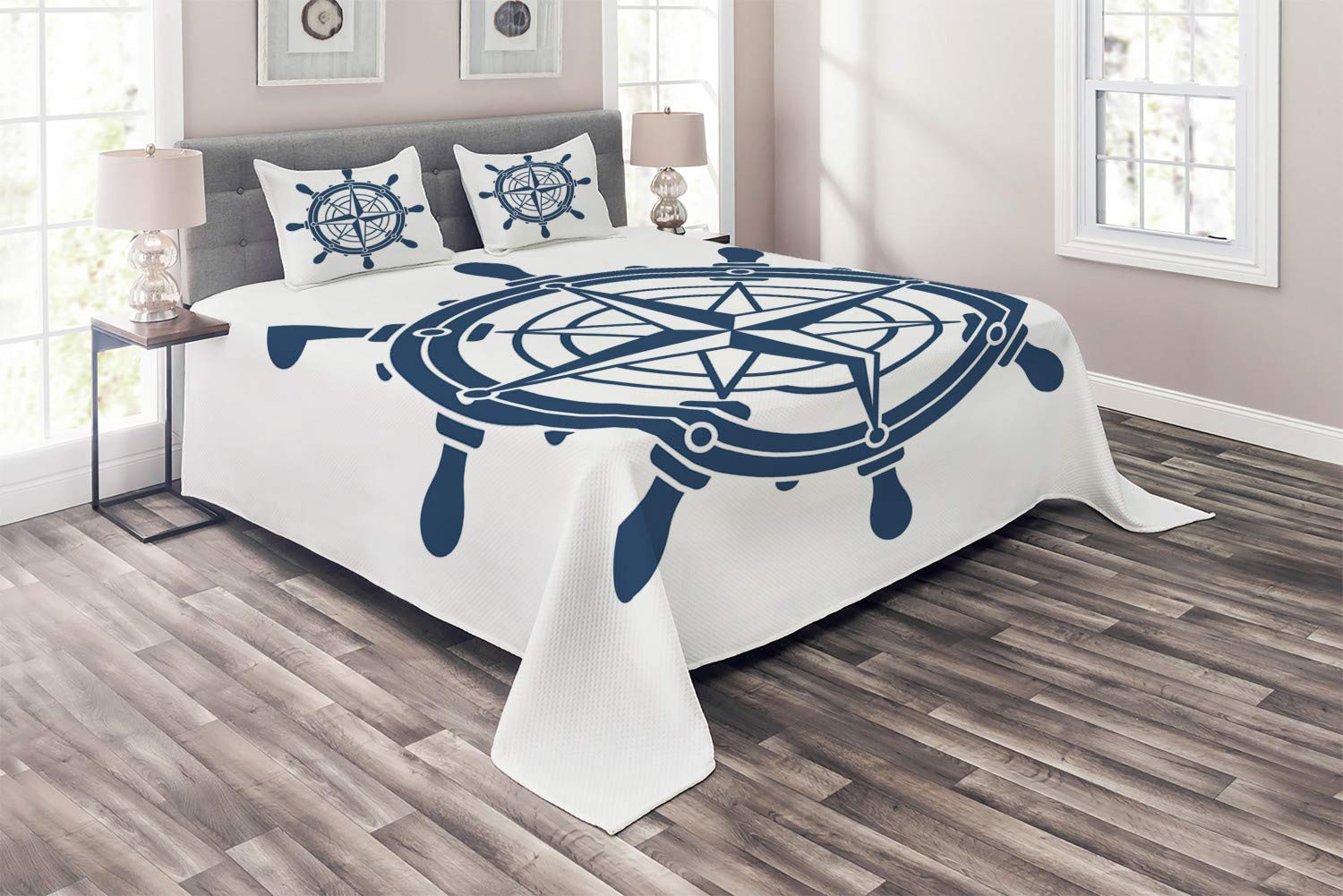 Ambesonne Vintage Nautical Tattoo Quilt Set - King Size 3-Piece Bedspread with Steering Wheel Compass Design in Dark Sky Blue & White | Includes 2 Pillow Shams | Coastal Themed Bedroom Decor for Beach House or Sailor Inspired Home