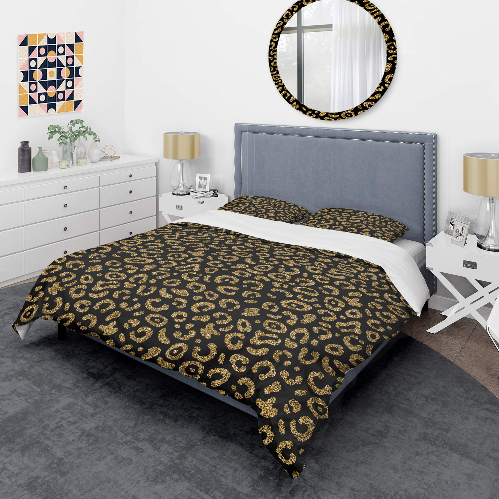 Golden Leopard Print Mid-Century Modern Duvet Cover Set - Twin Size 3-Piece Bedding Set (Duvet Cover + 2 Pillow Shams) - Soft Luxury All-Season Comforter Cover - Perfect for Boho Chic & Retro Home Decor Bedrooms