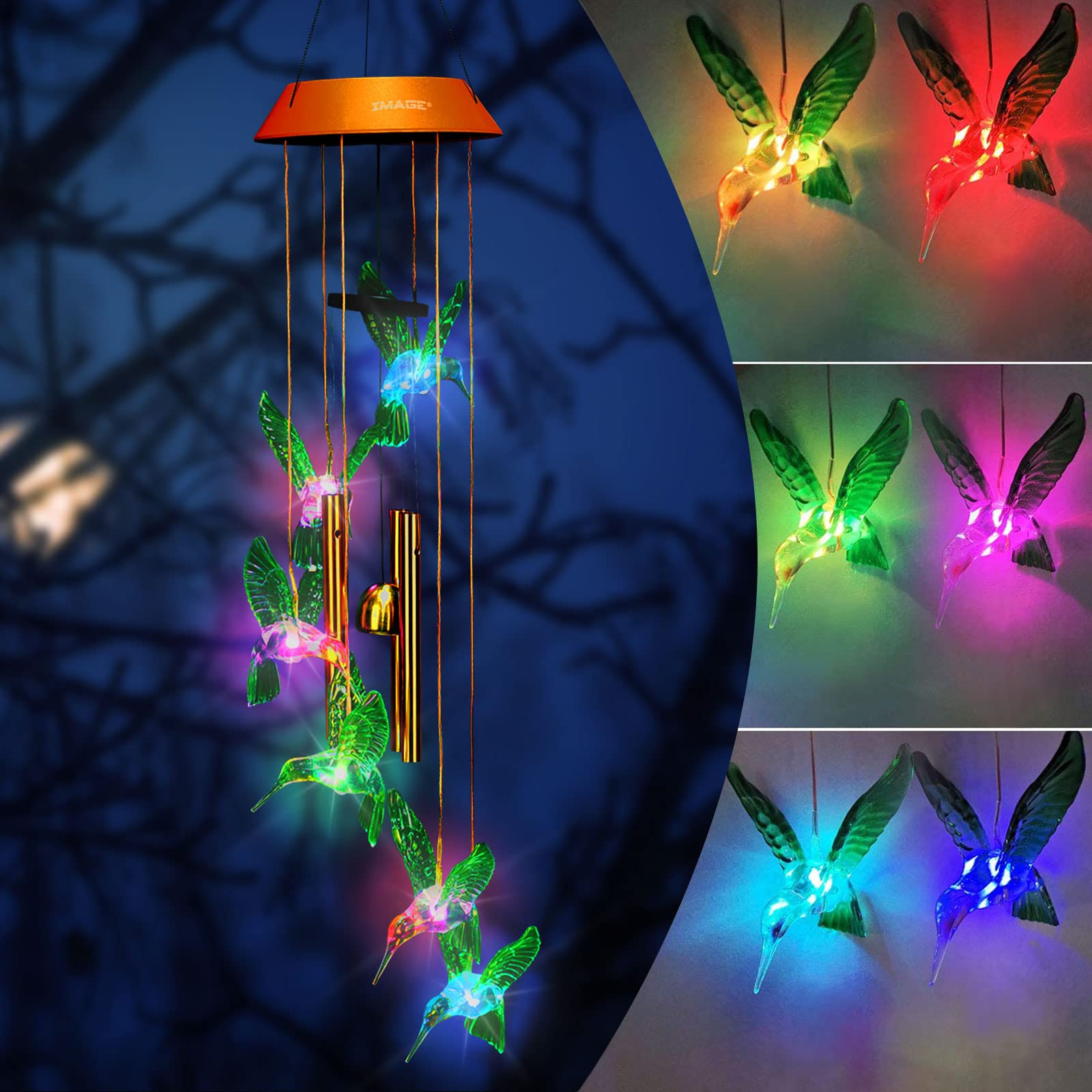 Solar Hummingbird Wind Chimes with Color Changing LED Lights - Outdoor Metal Tube Wind Chime for Garden, Patio, Yard Decor - Perfect Christmas Gift & Home Decoration for Indoor/Outdoor Use (Great for Relaxation, Meditation & Creating Soothing Ambiance)