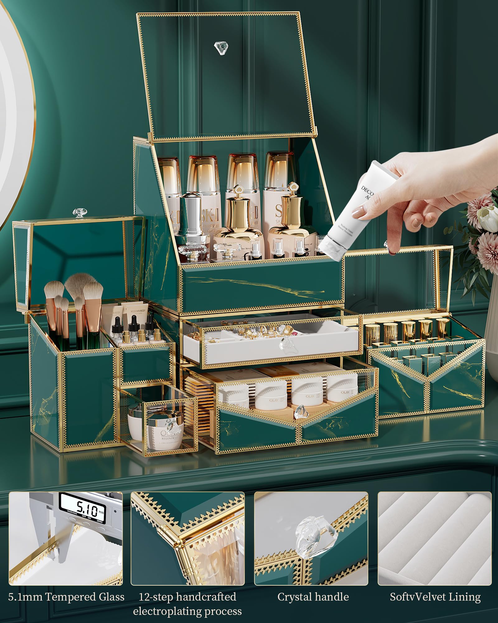 Premium Stackable Tempered Glass Makeup Organizer for Vanity & Bathroom - Cosmetic, Skincare, Jewelry, Lipstick, Perfume & Brush Storage | Perfect for Countertop Organization & Small Space Solutions