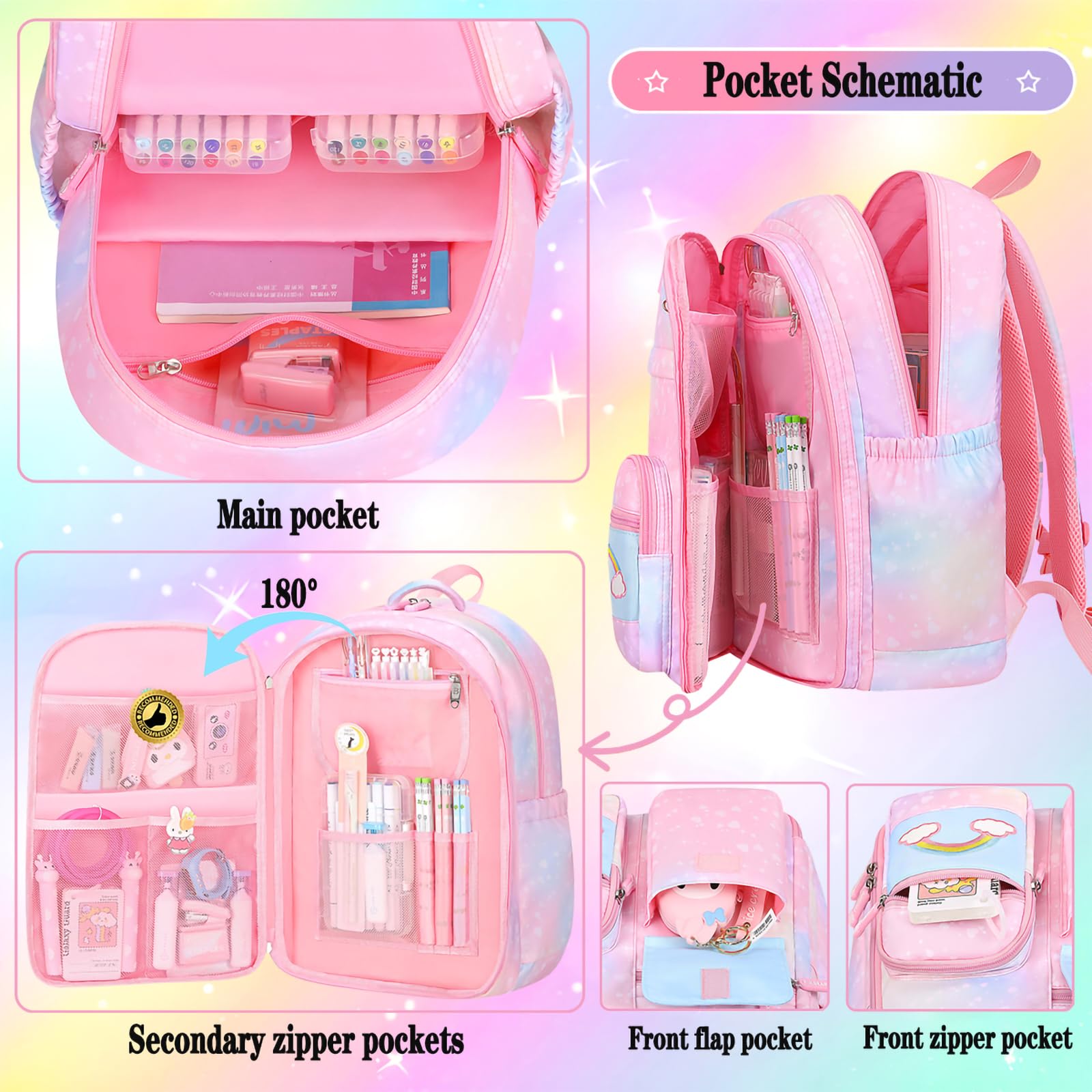 3Pcs Kids Backpack Set for Girls - Cute Rainbow School Backpack with Lunch Bag & Pen Case (Purple, Medium 16.5in) - Perfect for School, Travel & Daily Use